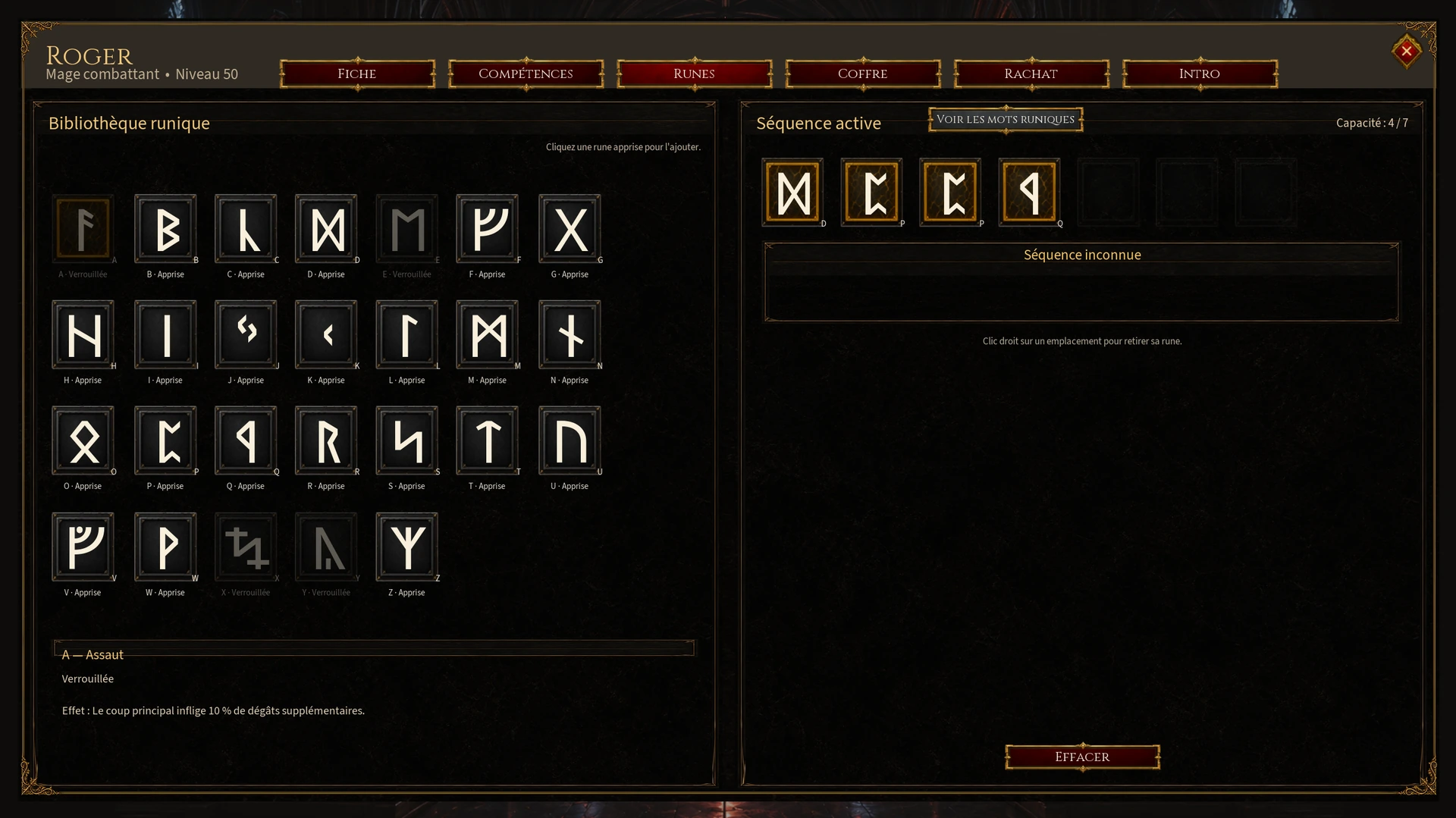 La bibliothèque de runes et la séquence active du Mage combattant